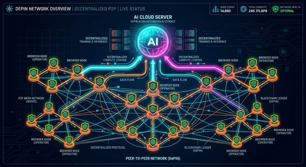 Decentralized DePIN bandwidth sharing and node farming interface for free airdrops.