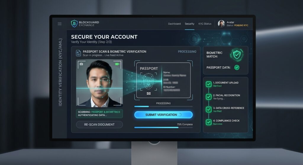 Secure KYC and identity verification screen on a compliant crypto exchange.